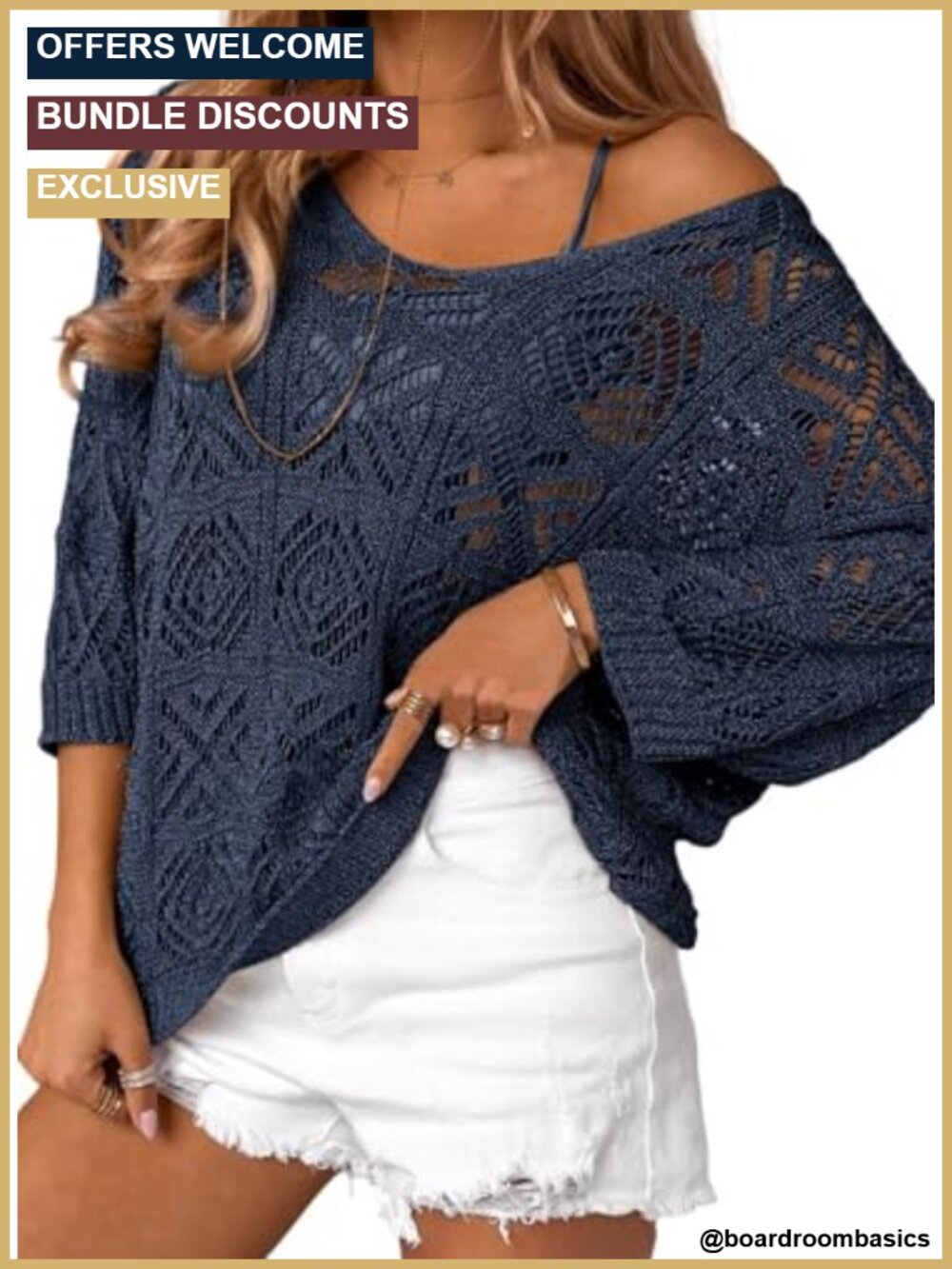 Crochet Hollow Out 3/4 Sleeve Pullover Sweater Off Shoulder Beach Cover Up